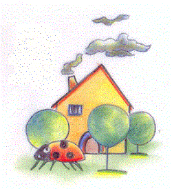 Gezeichnet mit Buntstiften. Quadratisches Bild in der Größe 1/8 Höhe im Verhältnis zum Desktop-Display. Abgebildet ein Haus mit rauchenden Schornstein. Gelbe Fassade mit einem Fenster und einer Tür. Im Vordergund ein Marienkäfer. Perspektivisch übergroß und das Haus auf einer Wiese und könnte aus der Sicht des Marinchenkäfers sein. Der rauch aus dem Schornstein geht bis an den oberen Rand des Bildes und darüber ist der Absatz mit der Adresse, die aus dem rauch zu kommen scheint.